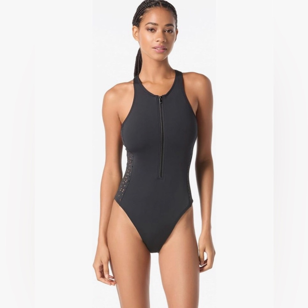 Michael Kors Black Scuba Laser Cut Zip Front One Piece Swimsuit Size 8